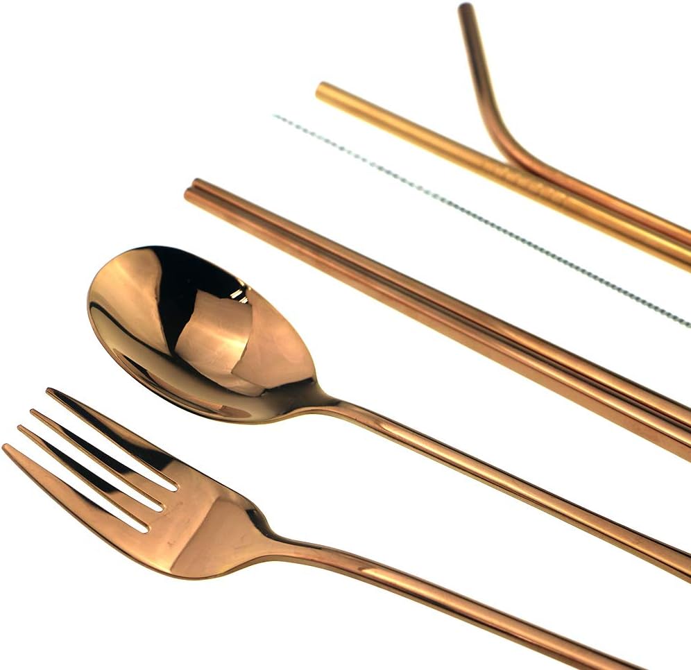 7 Pcs Portable Flatware Set, 304 Stainless Steel Cutlery Set Travel Utensils Set w/Pouch Fork Spoon Chopsticks Straws for Travel Camping Office School, Dishwasher Safe & Eco-Friendly (Rose Gold)