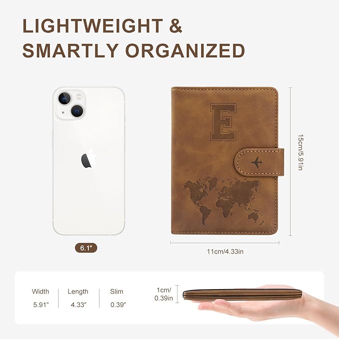 Personalized Passport Holder – Initial Letter Passport Cover with RFID Blocking, Holds 2 Passports, Slim PU Leather Unisex Travel Wallet, Brown E