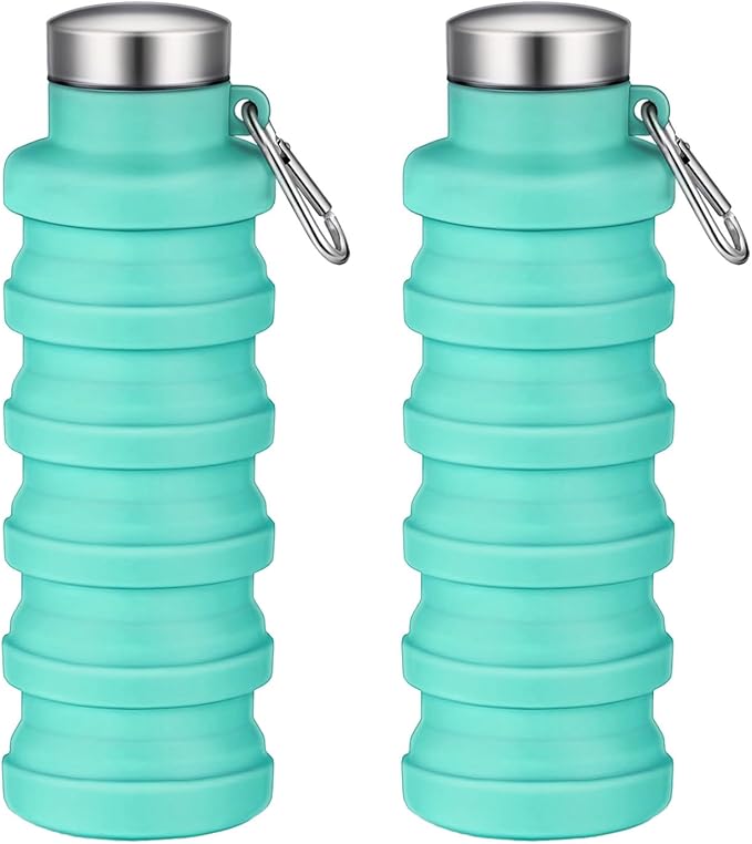 Collapsible Water Bottles,16oz Capacity Portable Reusable Silicone Water Bottle,Leak-proof,with buckle,foldable storage,Lightweight Durable for Fitness,Cycling,Sports,Camping,Hiking (Green+Green)