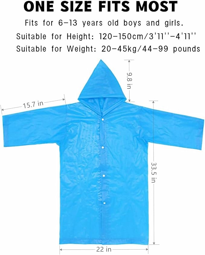 Kids Rain Poncho, Reusable EVA Children Raincoat for 6-13 Girls Boys, Waterproof Rain Jackets Rainwear with Hood