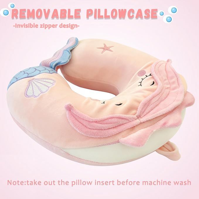 Travel Pillow, Travel Accessories for Car Airplane Traveling, Soft Memory Foam Kids Travel Pillow with Sleep Eye Mask Kids Neck Pillow for Boys & Girls - Cute Pink Mermaid