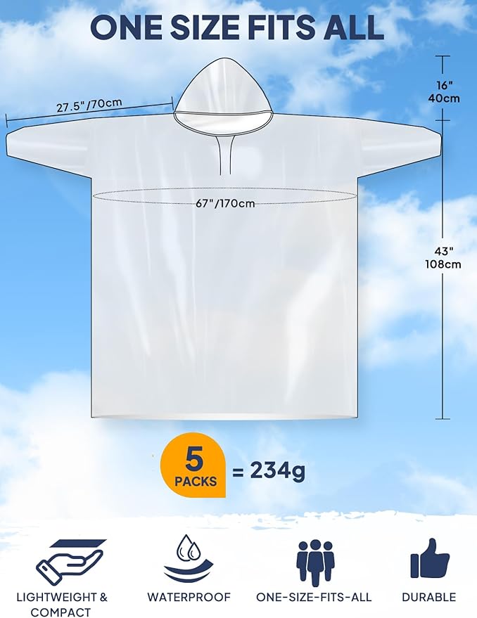 ANYOO Disposable Rain Poncho for Adults Waterproof Emergency Raincoat Lightweight Packable for Outdoor Events Hiking & Travel