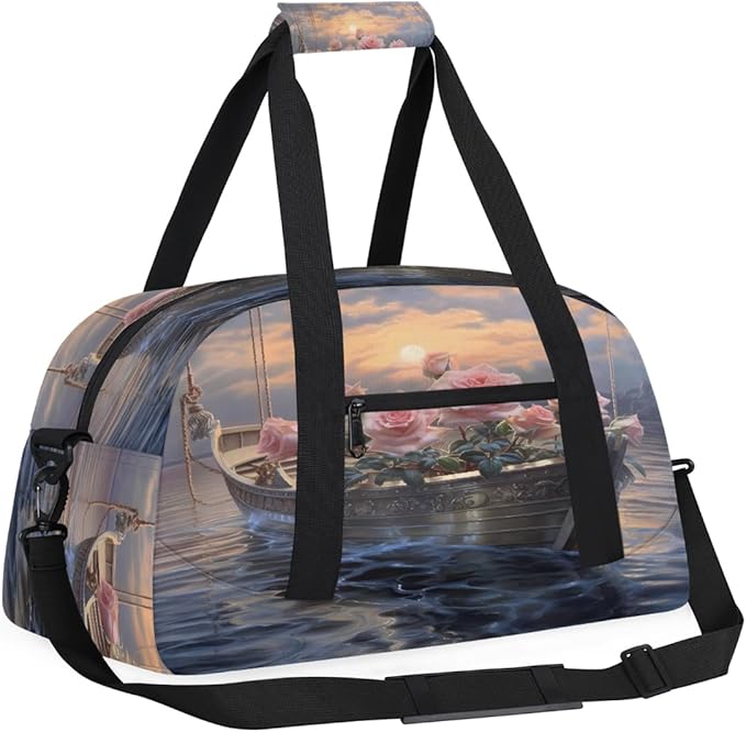 Gym Bag for Women Men, Pink Rose Boat Sunset Travel Duffle Bags for Dance Ballet Overnight, Carry-On Weekender Bag with Detachable Shoulder Strap