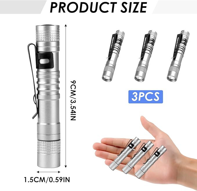 Mini Flashlight, AAA Small Pen Light with Clip, Portable 500lm Pocket Pen Flashlight for Inspection Repair Outdoor Emergency (3 Pack, Sliver, 3.5")