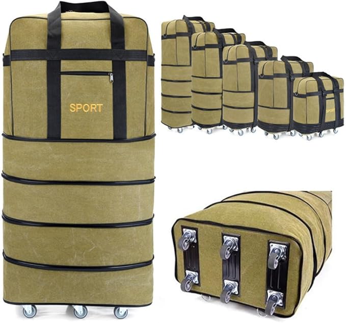 Expandable Extra Large Travel Canvas Duffel Bag with Wheels Lightweight Traveling Foldable Suitcase (Yellow Canvas, XL - 6 wheels)