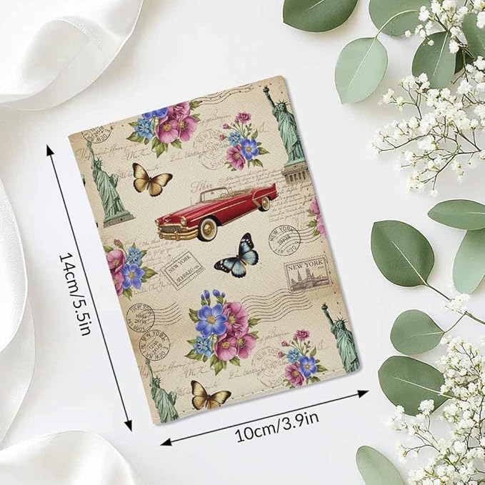 Vintage New York Passport Holder for Travel Retro Car 1920s the Statue of Liberty PU Leather Passport Cover Wallet Cute Passport Card Holder for Women and Men