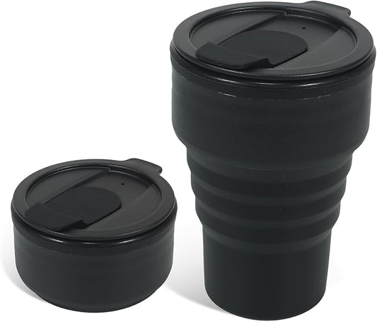 Foldable Silicone Water Bottle 13oz - Collapsible Travel Cup, BPA-Free, Leak-Proof - Portable Reusable Drinking Bottle for Camping, Hiking, Gym, Office - Black
