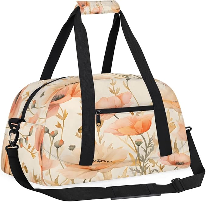 Sports Duffel Bags, Peach Poppy Watercolor Water-Resistant Gym Duffle Bag for Men Women, Lightweight Weekender Overnight Bag for Fitness, Workout, Travel