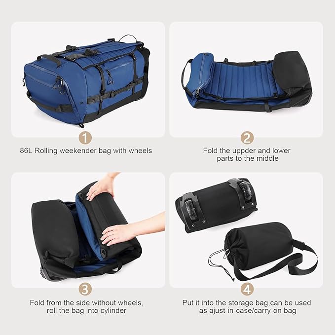 Rolling Duffle Bag with Wheels,86L 30”Carry on Luggage with Wheels,Folding Travel Bag,Duffle Backpack with Separate Shoe Compartment (dark blue)