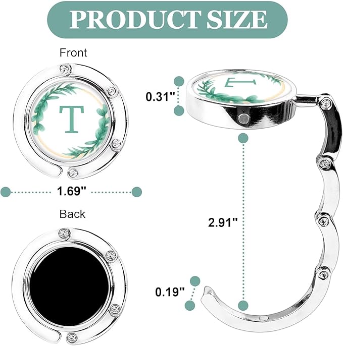 XSUIOY 3Pcs Personalized Initial Foldable Purse Hook for Table,Crushed Flower Letters Folding Purse Hanger,Purse Holder Handbag Hanger Collection Desk Table Bag Hooks Gifts for Women Bag(Green-T)