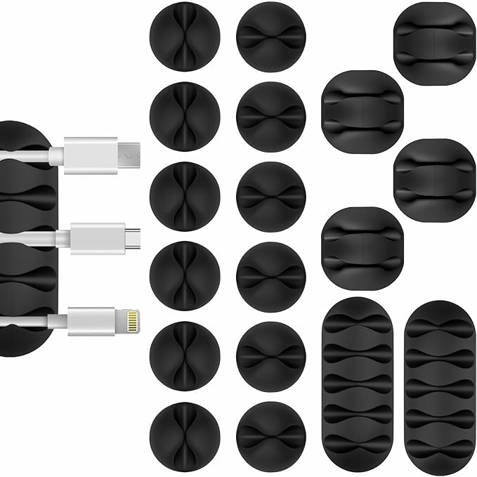 Cable Clips Cord Holder - 18 PCS Black Adhesive Phone Cord Organizer Charger Holder Cable Wire Management Clips Keeper for Nightstand, Desk, Office or Mouse