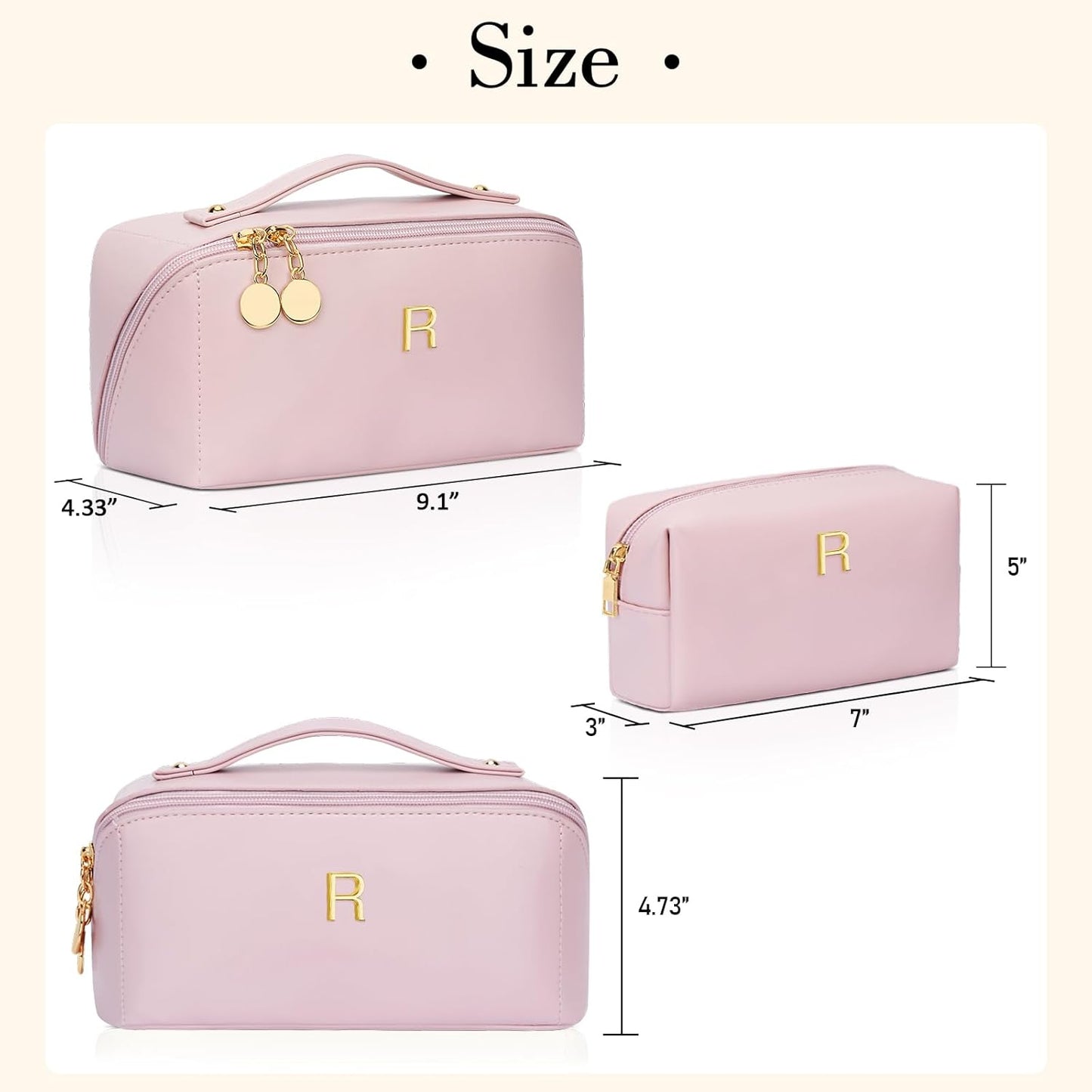 Birthday Gifts for Women Teen Girl, Personalized Initial Makeup Organizer Bag Set, Open Flat Travel Cosmetic Bag With Clear Divider and Handle(Pink,R)