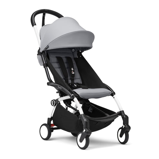 Stokke YOYO3 Stroller from 6 Months - Includes White Frame/Stone Seat Cushion + Canopy - Folds in & Out in a Flash - Light & Compact - Carry-On Compatible