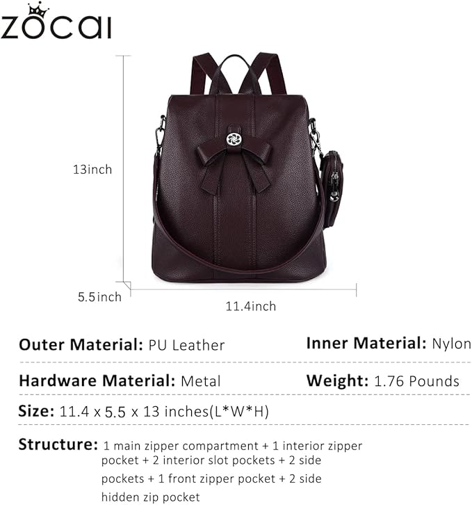ZOCAI Backpack Purse for Women Fashion Backpack Purses PU Leather Daypacks Anti-Theft Shoulder Bag Satchel Purse