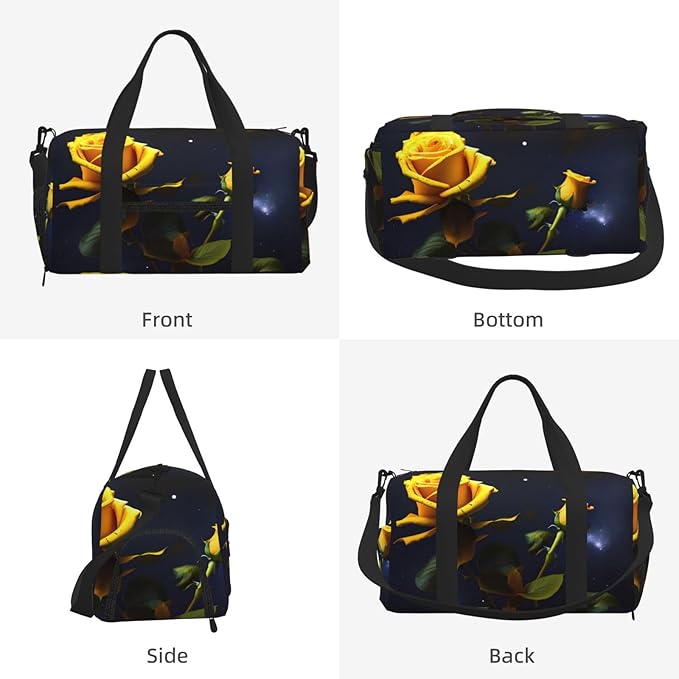 Yellow Roses Starry Night Print Gym Bag with Shoe Compartment for Women Men, 17.7in Sports Duffle Weekender Tote, Overnight Travel Duffel Bag Carry On