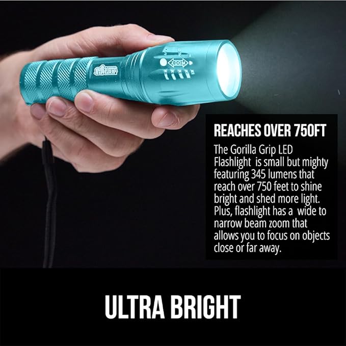 GORILLA GRIP Powerful LED Tactical Flashlight, 750 FT High Lumens 5 Adjustable Modes, Water Resistant, Ultra Bright Zoom Flashlights, Small Mini Flash Light, Camping, Night Dog Walking, Turquoise