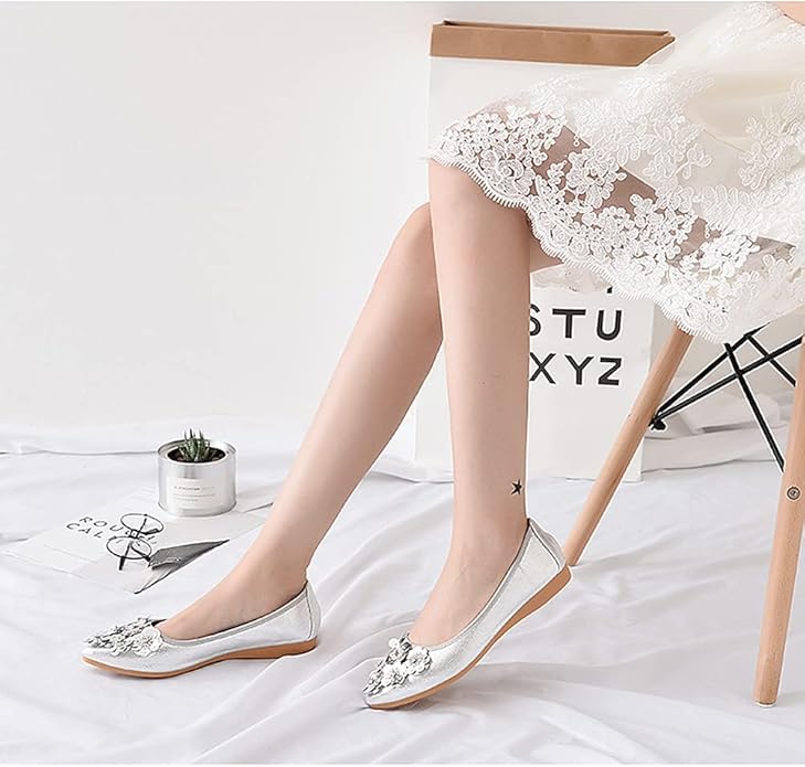 KUNWFNIX Women Ballet Flats Rhinestone Wedding Ballerina Shoes Foldable Sparkly Comfort Slip on Flat Shoes