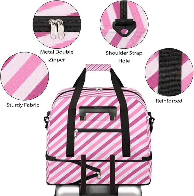Pink Diagonal Stripes Large Weekender Bag with Shoe Compartment Travel Duffel Bags for Women Carry On Hospital Overnight Bag Foldable Personal Item Travel Bags Tote Gym Sports Airplanes