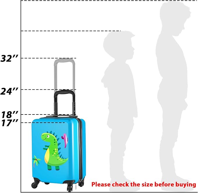 Sanwuta 4 Pcs Kids Luggage Set Rolling Suitcase Backpack U-shaped Pillow Kids Carry On Gift for Summer Travel Family Trip(17 Inch,Dinosaur Style,Blue)
