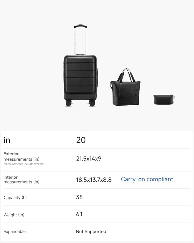 Carry On Luggage 22 x 14 x 9 Airline Approved, H1F Front Pocket Hardside Suitcase with Spinner Wheels, TSA Lock, Includes Tote Bag (FX-Lite, Black, 3 Piece Sets)