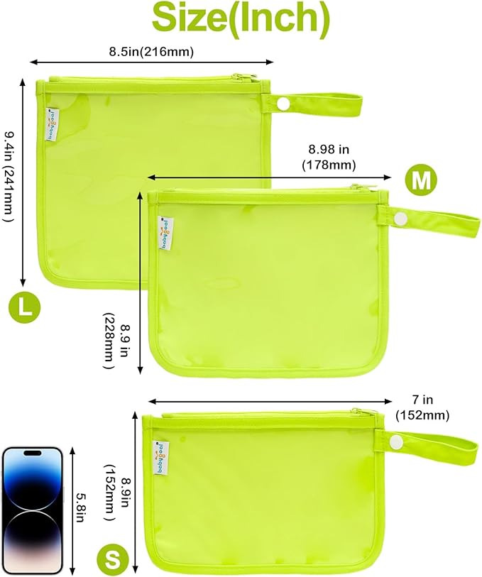babygoal Clear Travel Organizer Bags 3 Pack, TSA Approved Mess-Proof Pouches with Snap Handle, Water-Resistant Toiletry Essentials for Baby & Mom (Fluorescent Green)