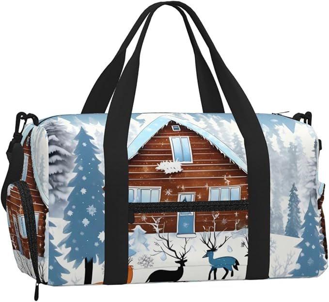 Winter Fawn Print Gym Bag with Shoe Compartment for Women Men, 17.7in Sports Duffle Weekender Tote, Overnight Travel Duffel Bag Carry On