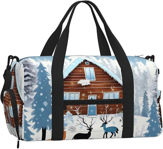 Winter Fawn Print Gym Bag with Shoe Compartment for Women Men, 17.7in Sports Duffle Weekender Tote, Overnight Travel Duffel Bag Carry On