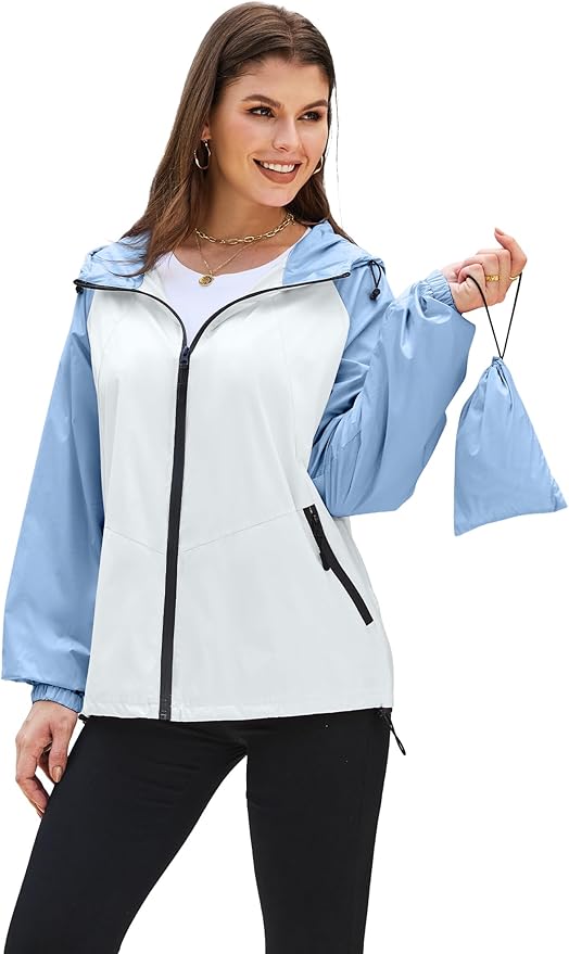 PITINAN Lightweight Rain Jacket Women Packable Wind Breaker Light Rain Jacket Women Waterproof Travel Raincoat S-XXL