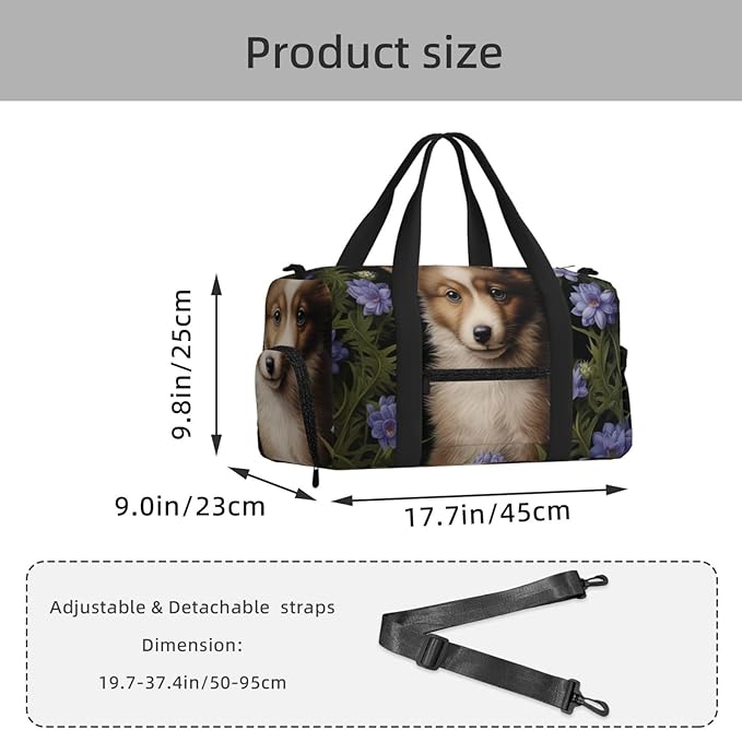 Sports Gym Bag Purple Flowers Cute Dog Travel Duffel Bag With Shoe Compartment Shoulder Strap, Lightweight Water-Resistant Weekend Overnight Totes For Women Men