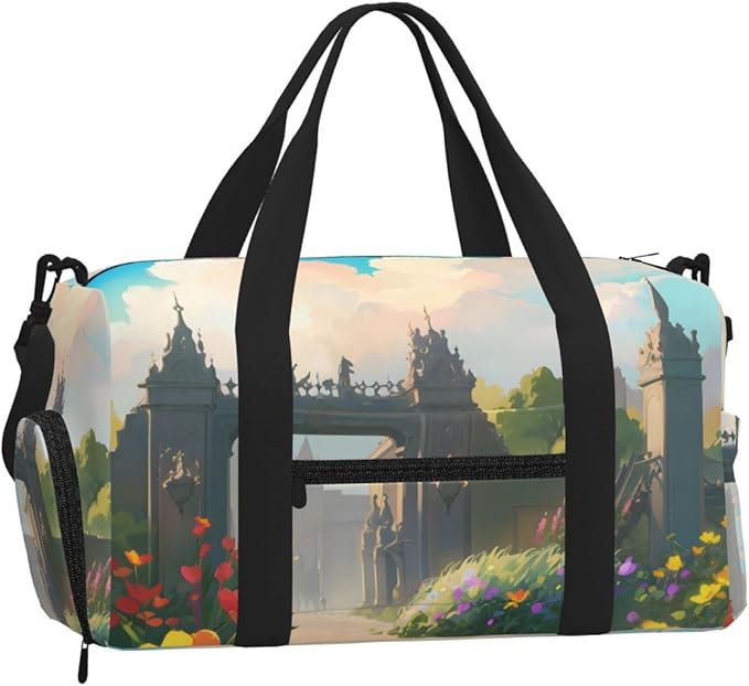 Outside the Castle Gate Print Gym Bag with Shoe Compartment for Women Men, 17.7in Sports Duffle Weekender Tote, Overnight Travel Duffel Bag Carry On