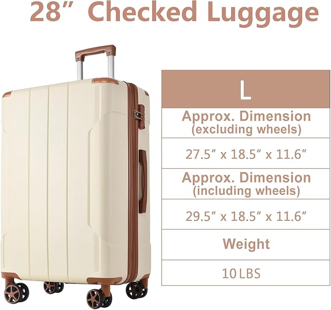 28 Inch Large Checked Luggage Hardside Suitcase with Spinner Wheels, Lightweight Expandable Hard Shell ABS Suitcases with TSA Lock, Large Travel Luggage for Women, Men, White Brown