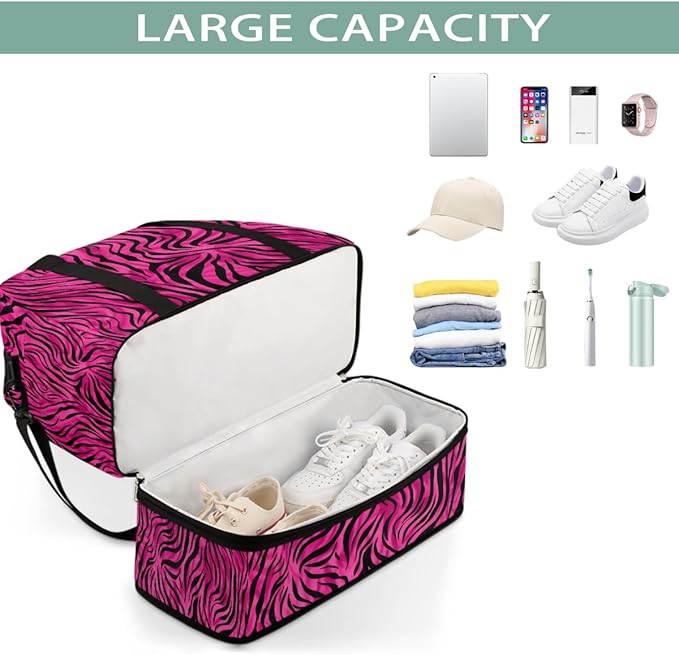 Pink Zebra Print Sports Duffel Bag Lightweight Gym Bag with Shoe Compartment Waterproof Travel Weekender Bag for Women and Men