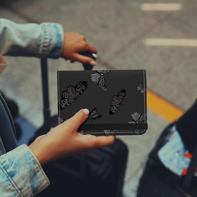 Cute Passport Holder and Holder Combo Passport Cover with RFID Blocking Women Men Compatible Wallet Credit Card Protector(Black Butterfly)