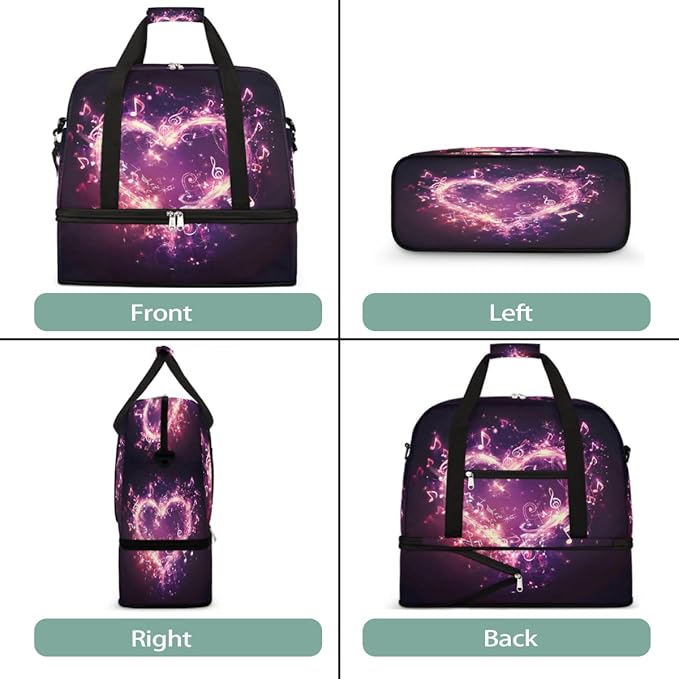 Pink Musical Note Heart Large Weekender Bag with Shoe Compartment Travel Duffel Bags for Women Carry On Hospital Overnight Bag Foldable Personal Item Travel Bags Tote Gym Sports Airplanes