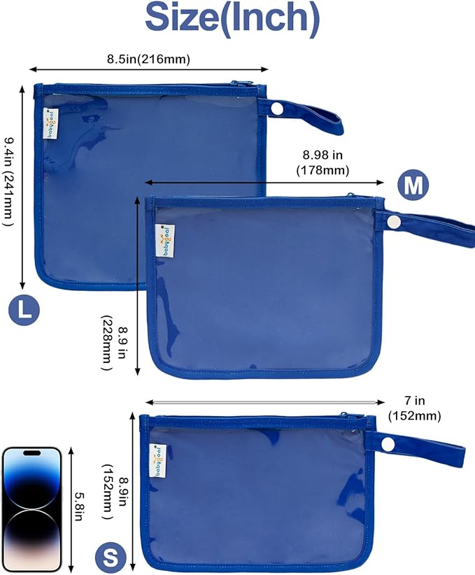 babygoal Clear Travel Organizer Bags 3 Pack, TSA Approved Mess-Proof Pouches with Snap Handle, Water-Resistant Toiletry Essentials for Baby & Mom (Blue)