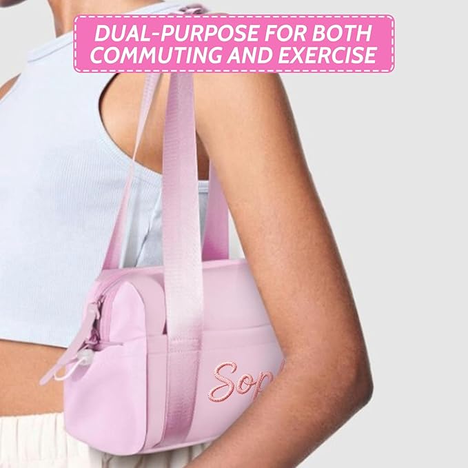 Personalized Mini Gym Bag for Women, Custom Embroidered Name Yoga Tote, Waterproof PU Fitness Duffle with Wet Compartment (pink duffle bag)