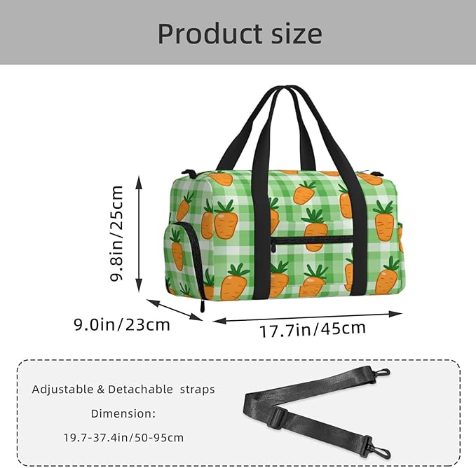 Sports Gym Bag Carrots Green Check Plaid Travel Duffel Bag With Shoe Compartment Shoulder Strap, Lightweight Water-Resistant Weekend Overnight Totes For Women Men
