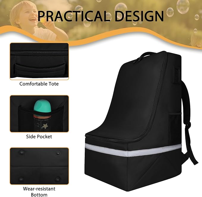 LARIPOP Car Seat Travel Bag for Airplane,Infant Seat Travel Bag with Shoulder Strap,Padded Car Seats Backpack with Reflective Stripes,Large Carseat Carrier Bag Travel Car Seat Cover, Black