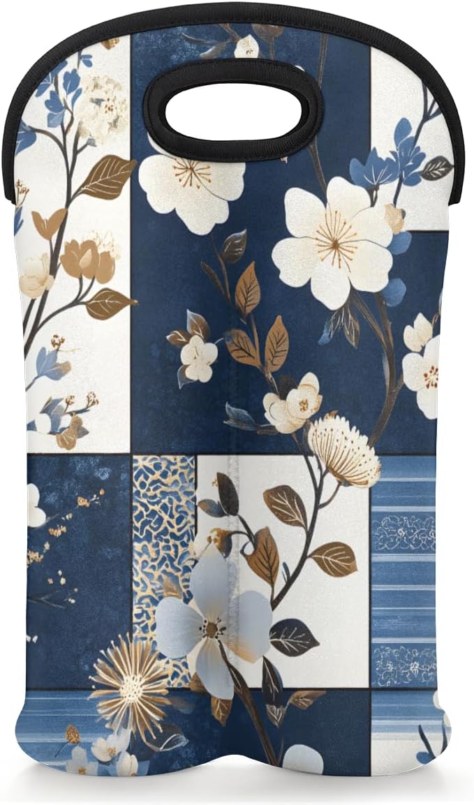 Neoprene Wine Tote, Bottle Carrier Gag Insulating Neoprene Thicker, Insulated Wine Bag for Travel Holds Two Bottles, Bottle Carrier Bags Protect the Bottles, Blue Flowers