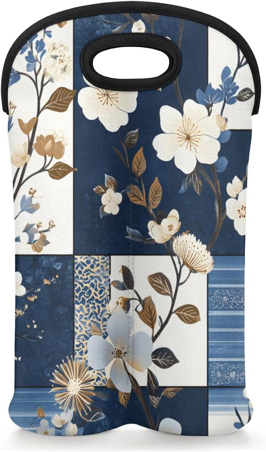 Neoprene Wine Tote, Bottle Carrier Gag Insulating Neoprene Thicker, Insulated Wine Bag for Travel Holds Two Bottles, Bottle Carrier Bags Protect the Bottles, Blue Flowers