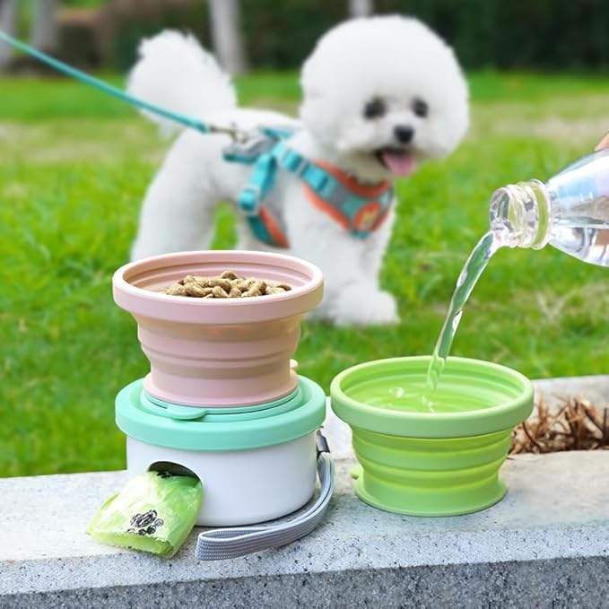 3 in 1 Collapsible Dog Travel Bowls, Small Animals Cats Bowl, Treat Container, Poop Bag Holder with 1 Roll Poop Bags, Portable Pet Silicone Snack Box for Walking, Hiking, Outdoor Camping, Road Trips