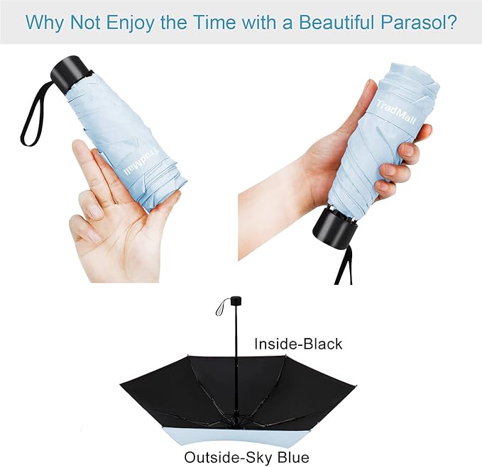 TradMall Mini Travel Umbrella, Portable Lightweight Compact Parasol with 95% UV Protection for Sun & Rain