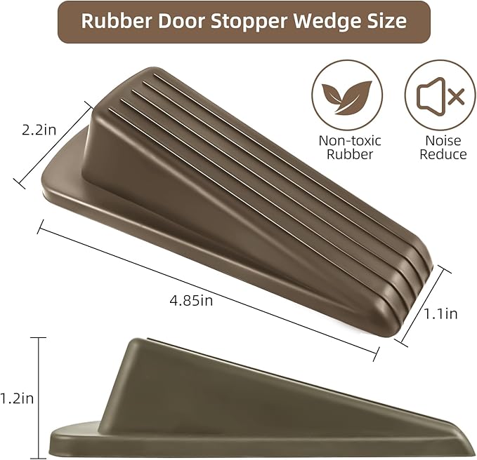 Door Stoppers for Bottom of Door on Floor, Premium Rubber Door Stopper Wedge, Floor Sturdy Stackable Door Stops for Carpet Heavy Duty Door (Brown, 2 Pack)