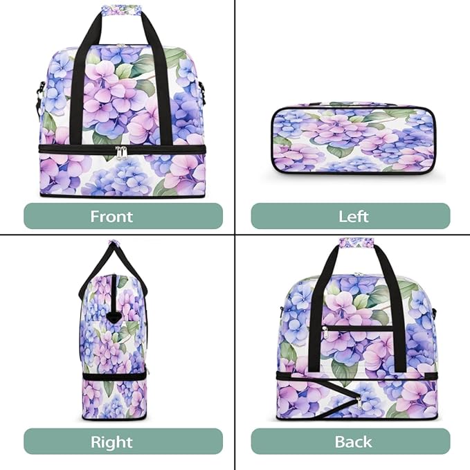 Purple Hydrangea Floral Flower Large Weekender Bag with Shoe Compartment Travel Duffel Bags for Women Carry On Hospital Overnight Bag Foldable Personal Item Travel Bags Tote Gym Sports Airplanes