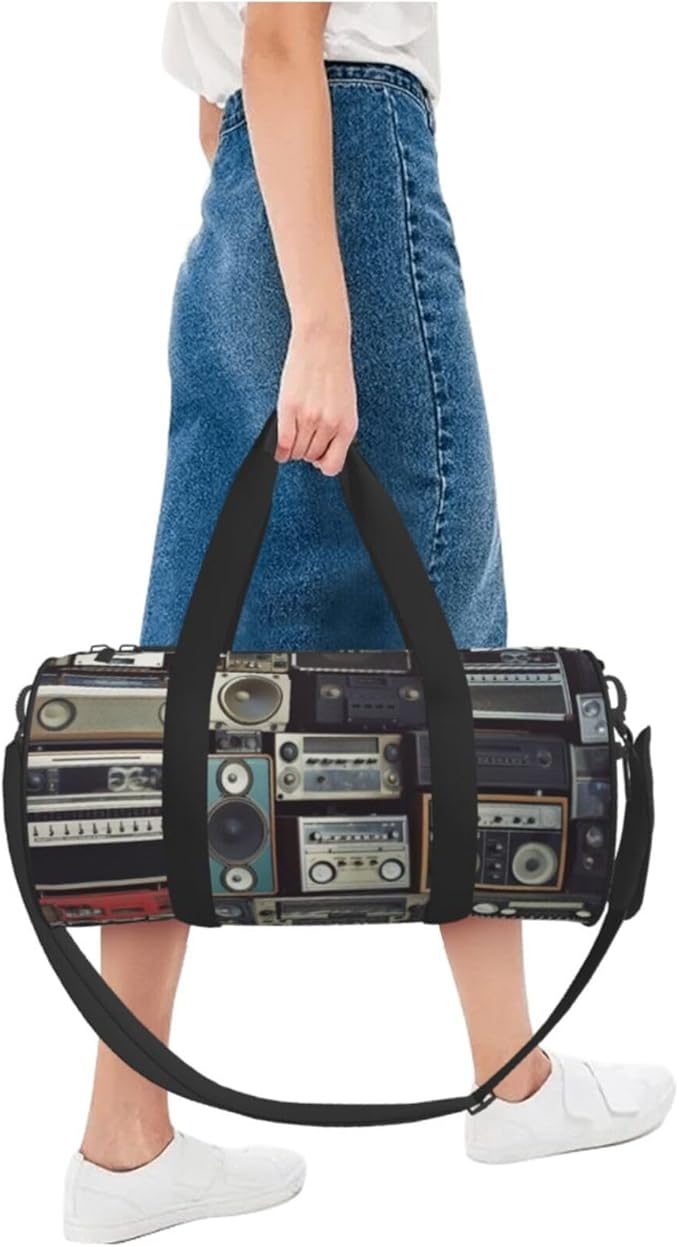 Vintage Wall of Radio Boombox Sports Gym Bag for Women Men Travel Duffel Bag Tote Weekender Bag Canvas Carry on Overnight Bag for Travel Swimming Fitness Workout Sports Duffle Bag