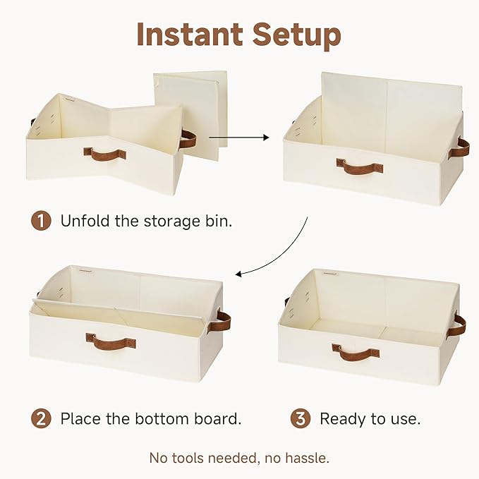 StorageWorks Closet Storage Bins, Trapezoid Organizer Box for Shelves, Fabric Clothes Bin, Foldable Organizing Baskets with Handles, Large, Ivory White, 3-Pack
