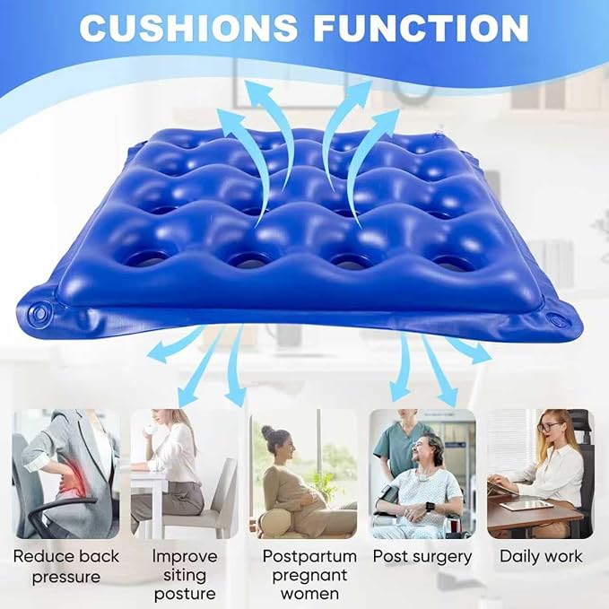 2-Pack Waffle Inflatable Seat Cushions with Pump, 18 Inch Beige 16-Hole Air Cushion for Pressure Relief, Wheelchair, Office Chair, Car Seat & Travel (Blue&Beige)