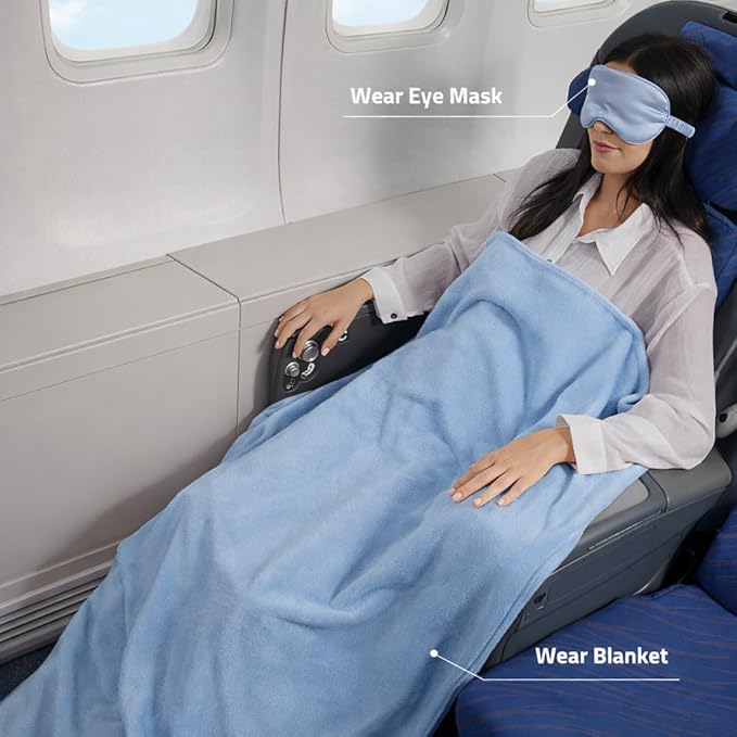 Travel Blanket, Airplane Blanket, Ultra-Soft, Warm & Lightweight, 65x40 in, Outdoor Blanket Essentials for Women, Men & Kids, Included Eye Mask, Luggage Sleeve & Backpack Clip Blue