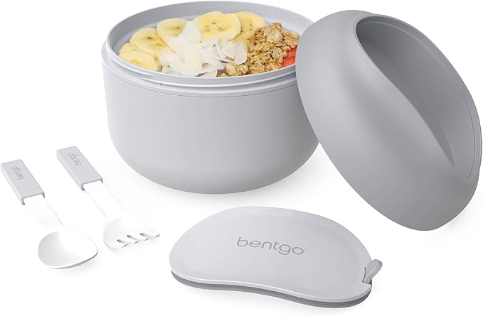 Bentgo Bowl - Insulated Leak-Resistant Bowl with Snack Compartment, Collapsible Utensils and Improved Easy-Grip Design for On-the-Go - Holds Soup, Rice, Cereal & More - BPA-Free, 21.2 oz (Gray)