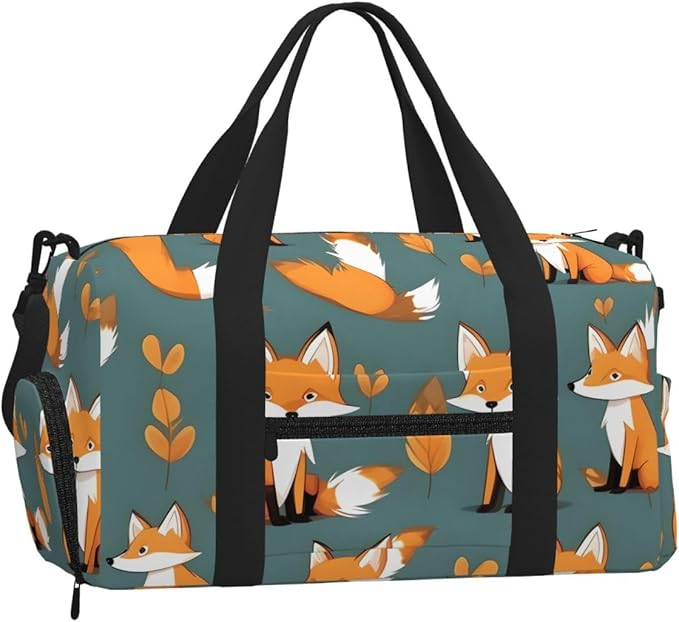 Yellow fox Print Gym Bag with Shoe Compartment for Women Men, 17.7in Sports Duffle Weekender Tote, Overnight Travel Duffel Bag Carry On